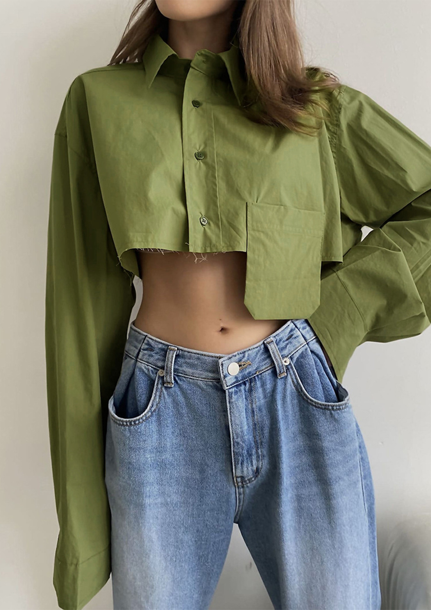 Buy BUTTONED GREEN FLAPPY-POCKET RELAXED CROP SHIRT for Women Online in  India