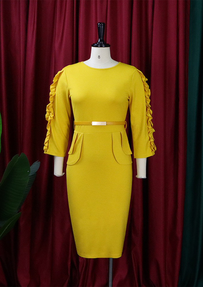 A CREW NECK YELLOW PENCIL DRESS WITH BELT