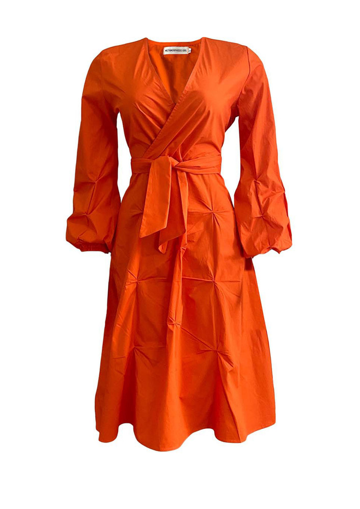 A Surplice Neck Wrap Waist Midi Orange Flared Dress