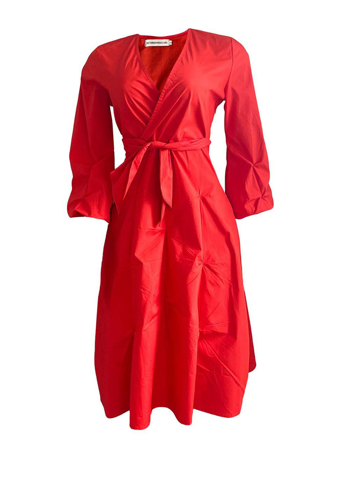 A Surplice Neck Wrap Waist Midi Red Flared Dress