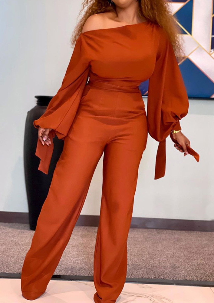 ASYMMETRIC KNOT PUFF SLEEVES SOLID BROWN JUMPSUIT