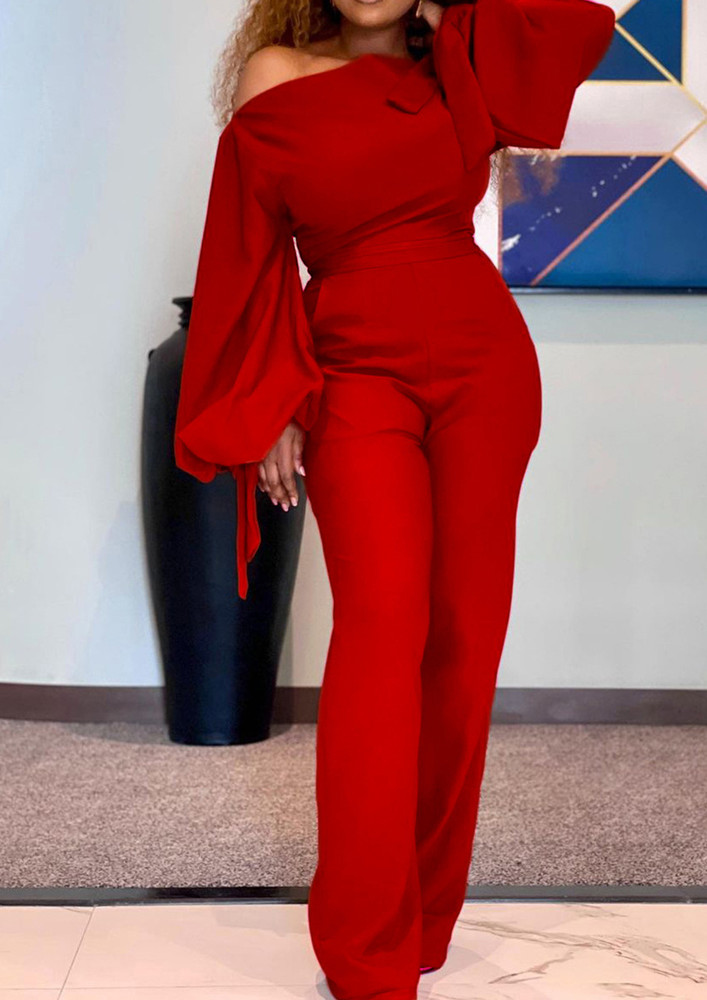 ASYMMETRIC KNOT PUFF SLEEVES SOLID RED JUMPSUIT
