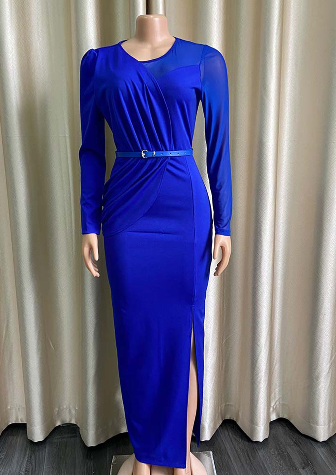 ROUND NECK BELTED MAXI BLUE BODYCON DRESS