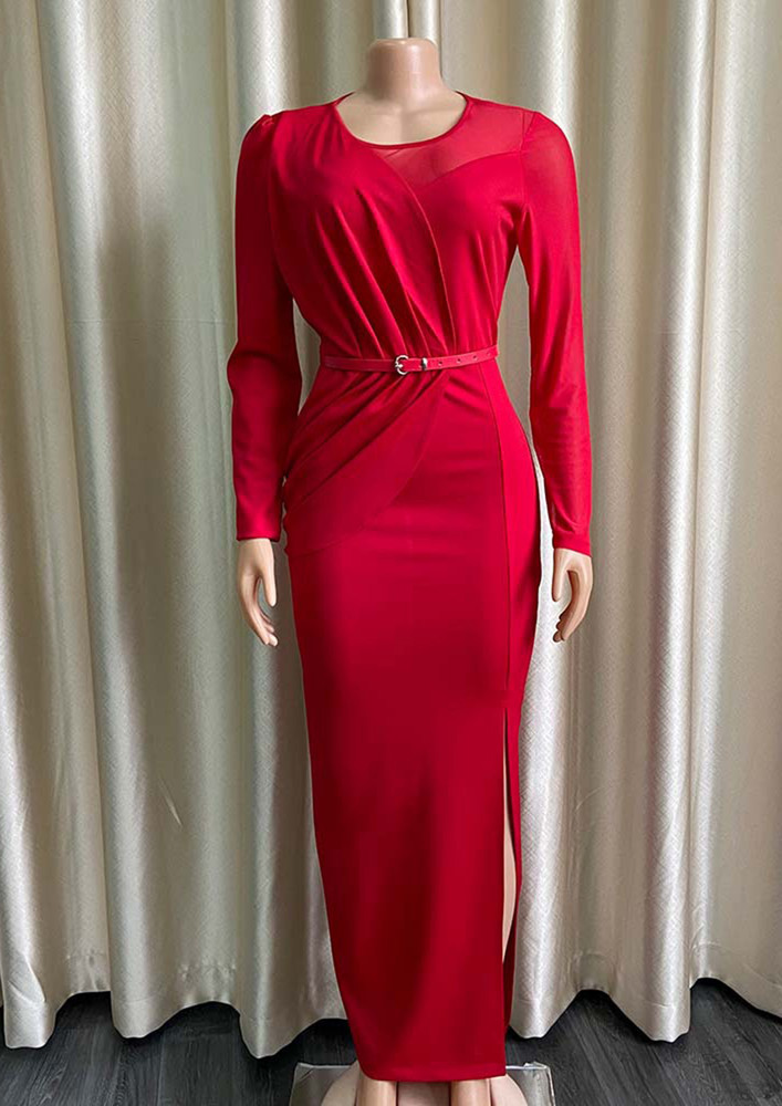 ROUND NECK BELTED MAXI RED BODYCON DRESS