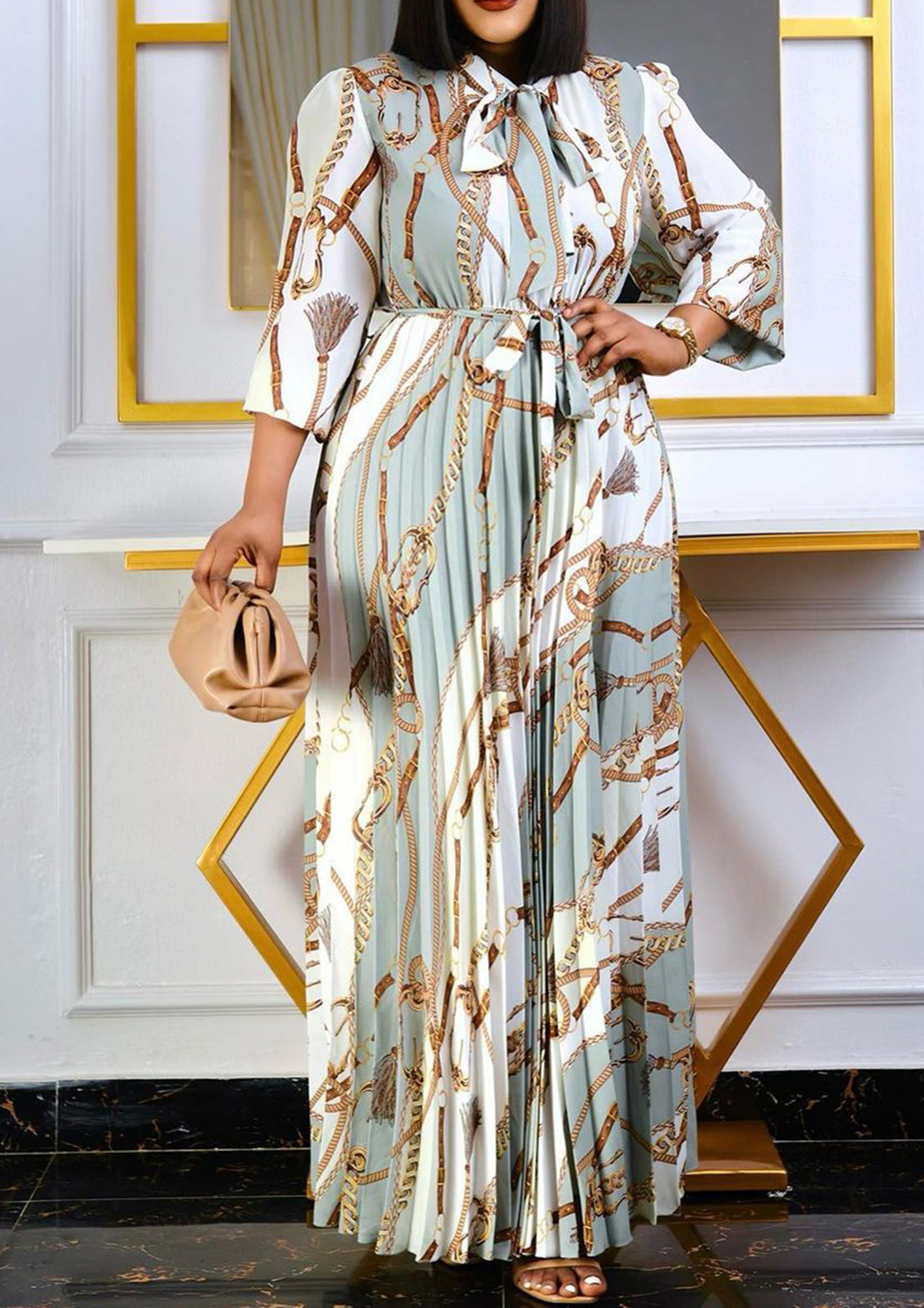 TIE-UP NECK PRINTED LIGHT GREEN PLEATED MAXI DRESS