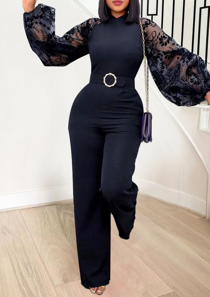 LACE SLEEVES HIGH-NECK SOLID BLACK JUMPSUIT