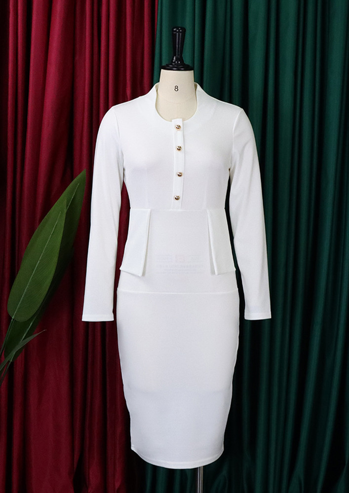 FITTED BUTTON FRONT WHITE MIDI BODYCON DRESS
