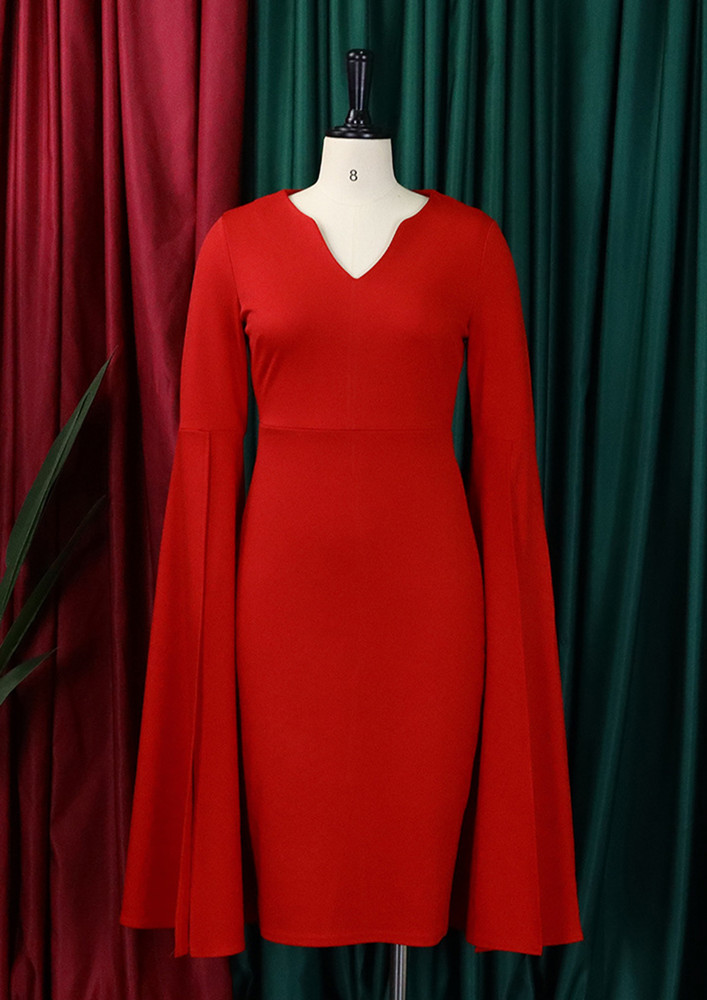 SPLIT SLEEVES PARTY READY RED BODYCON DRESS