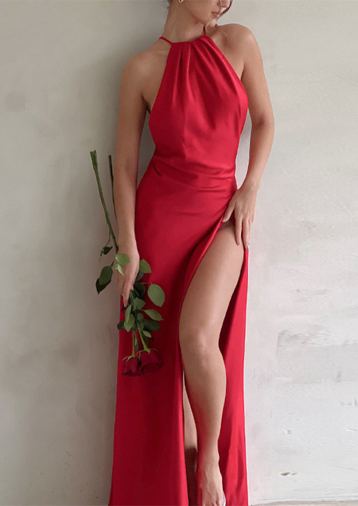 COCKATAIL HALTERNECK RED BACKLESS MAXI DRESS