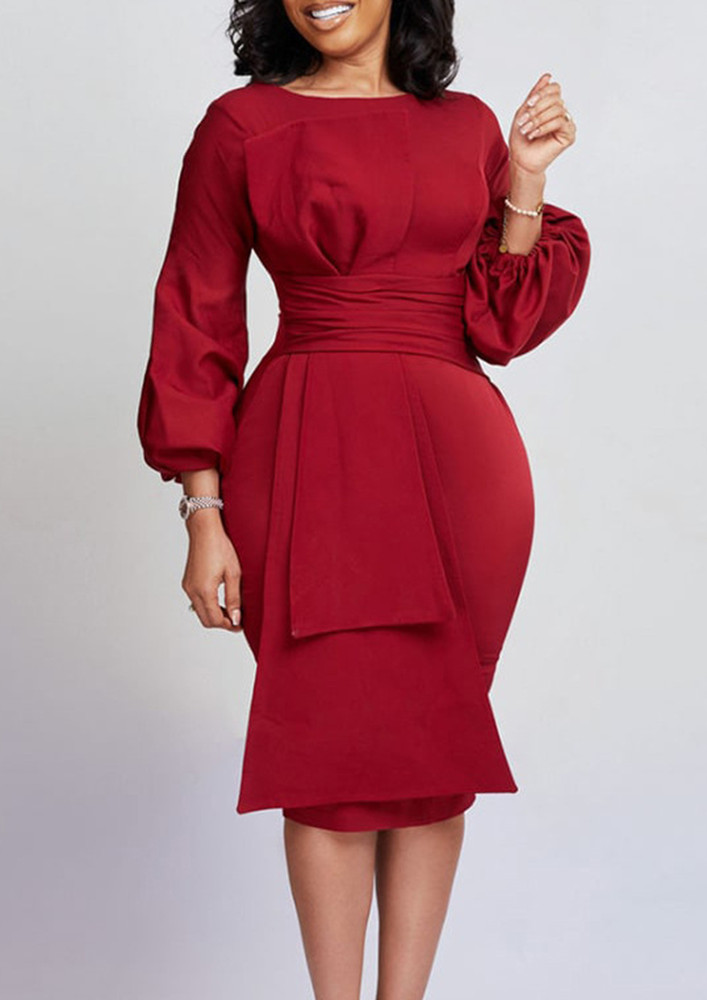 RED PLEATED DETAIL PENCIL DRESS