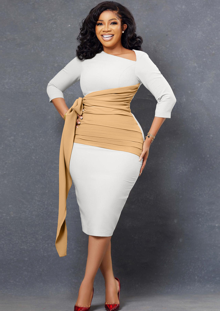 CONTRAST HANGING-STRAP WHITE PENCIL DRESS