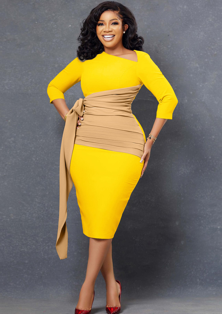CONTRAST HANGING-STRAP YELLOW PENCIL DRESS