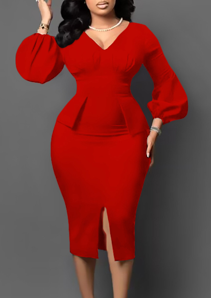 RED FLAP-DETAIL FORMAL PENCIL DRESS