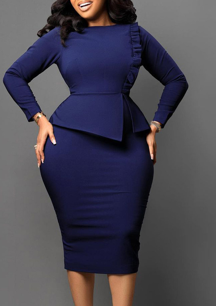 BLUE FITTED FORMAL PENCIL DRESS