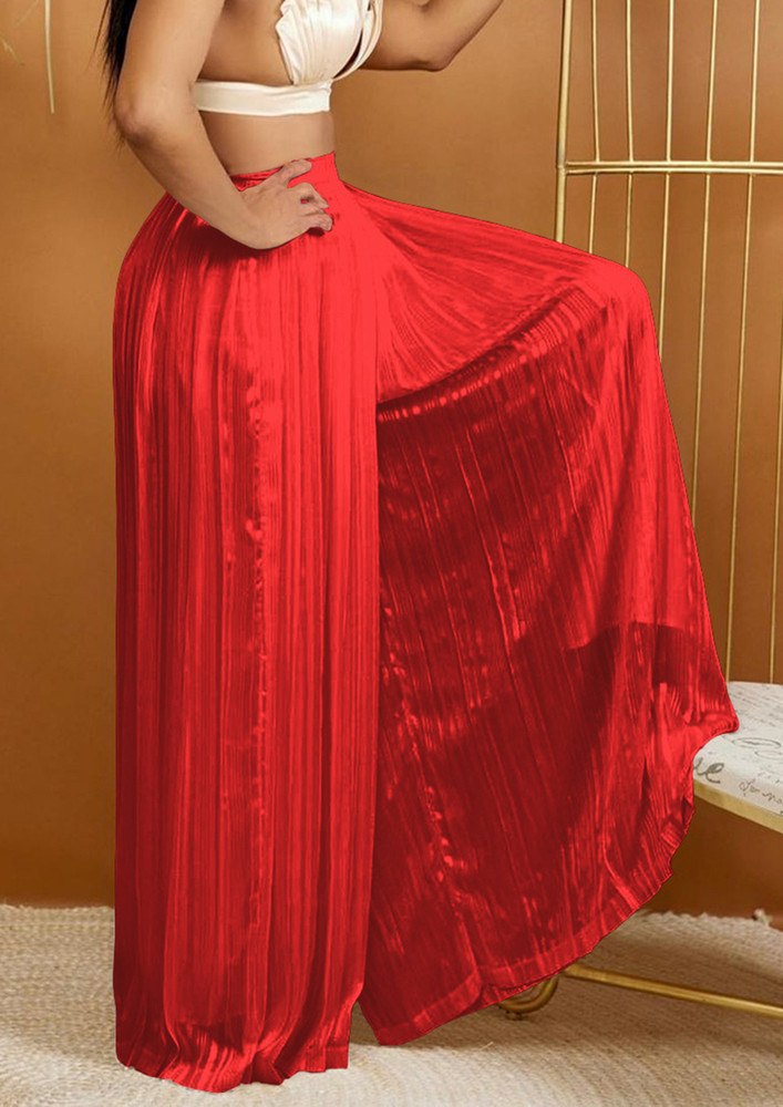RED PLEATED HIGH-RISE WIDE PALAZZO