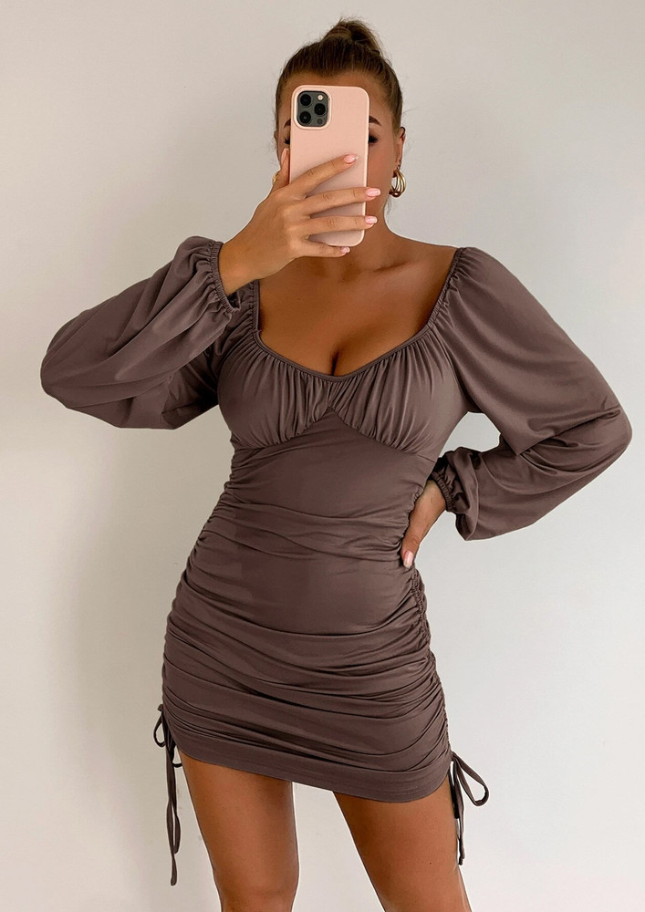 Brown Puff Sleeve All-over Ruched Bodycon Dress
