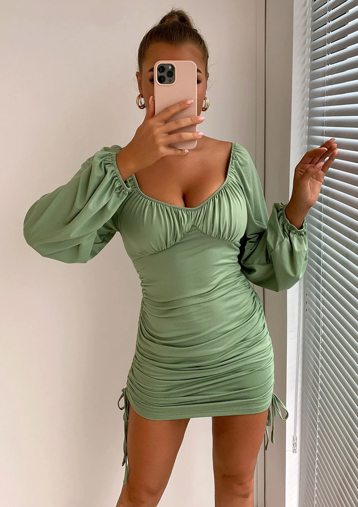 GREEN PUFF SLEEVE ALL-OVER RUCHED BODYCON DRESS