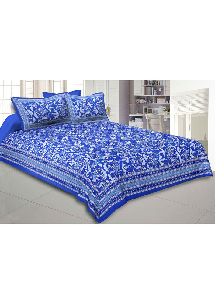 Ferns Petals Blue Double Bedsheet