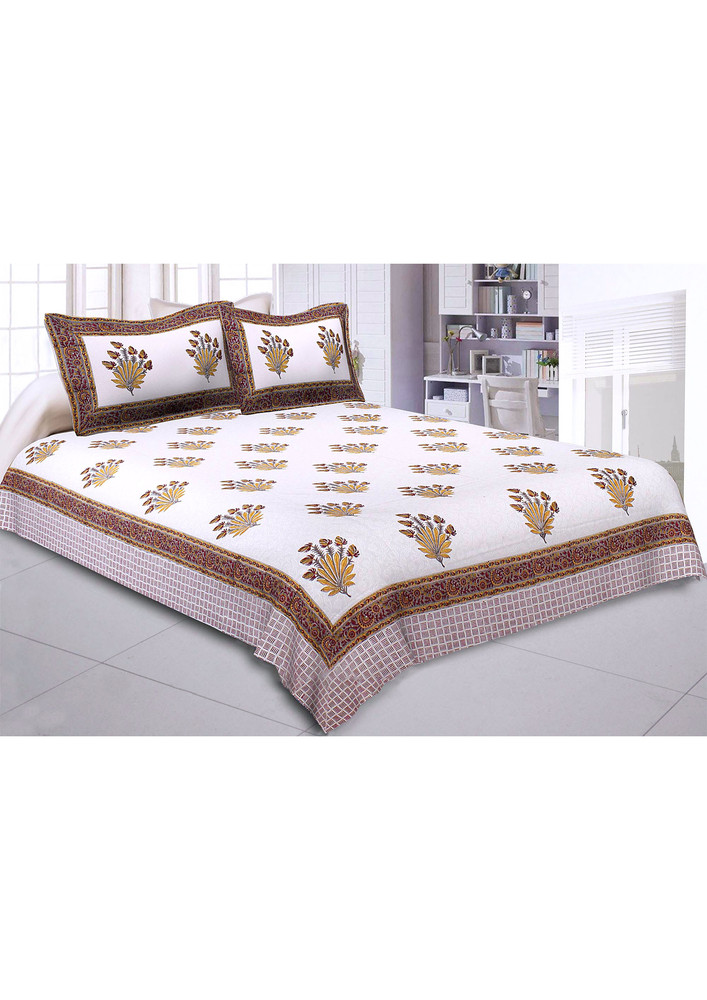 Feathers Of Fortune Yellow Hand Block Print Double Bedsheet
