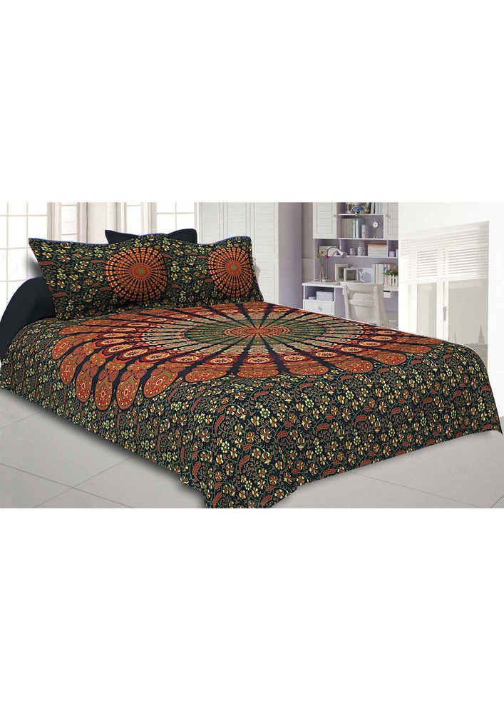 Green Mandala Double Bedsheet Tapestry With 2 Pillow Covers
