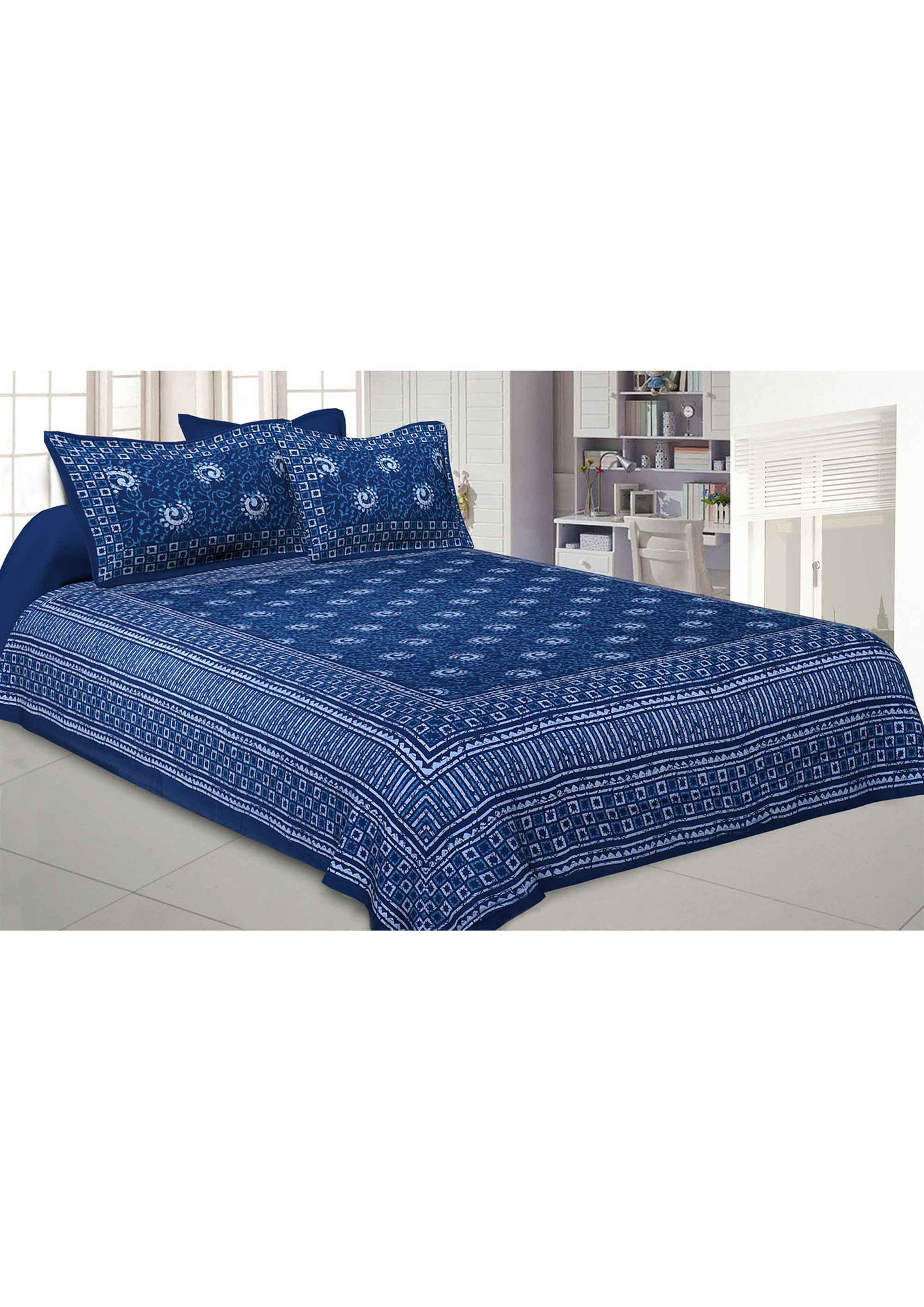Royal Blue Rangoli Pure Cotton Premium Jaipuri Dabu Print Bedsheet