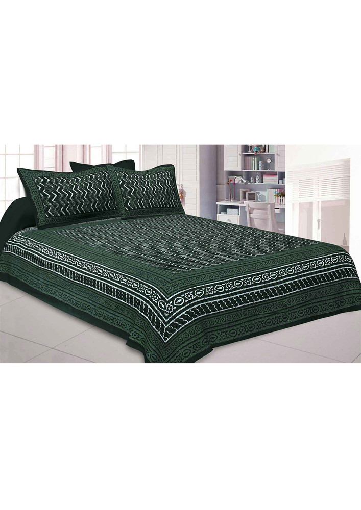 Green Zigzag Pure Cotton Premium Jaipuri Dabu Print Bedsheet