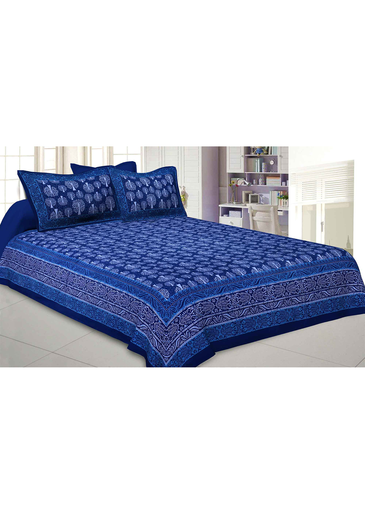Royal Blue Palm Tree Pure Cotton Premium Jaipuri Dabu Print Bedsheet