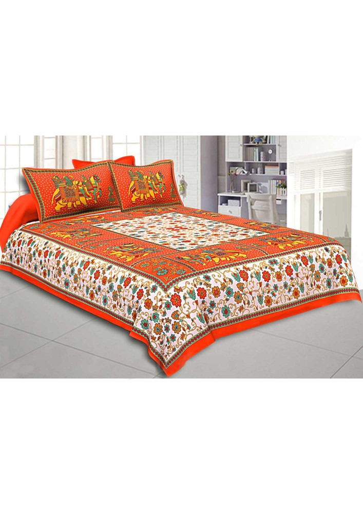 Orange Big Elephant Printed Cotton Premium Double Bed Sheet