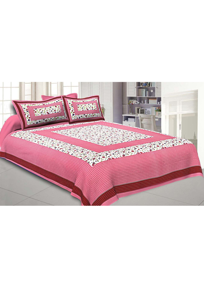 Floral Double Bedsheet Pink Color Dotted Border With 2 Pillow Covers