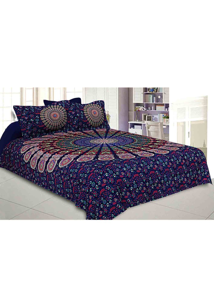 Blue Mandala Double Bedsheet Tapestry With 2 Pillow Covers