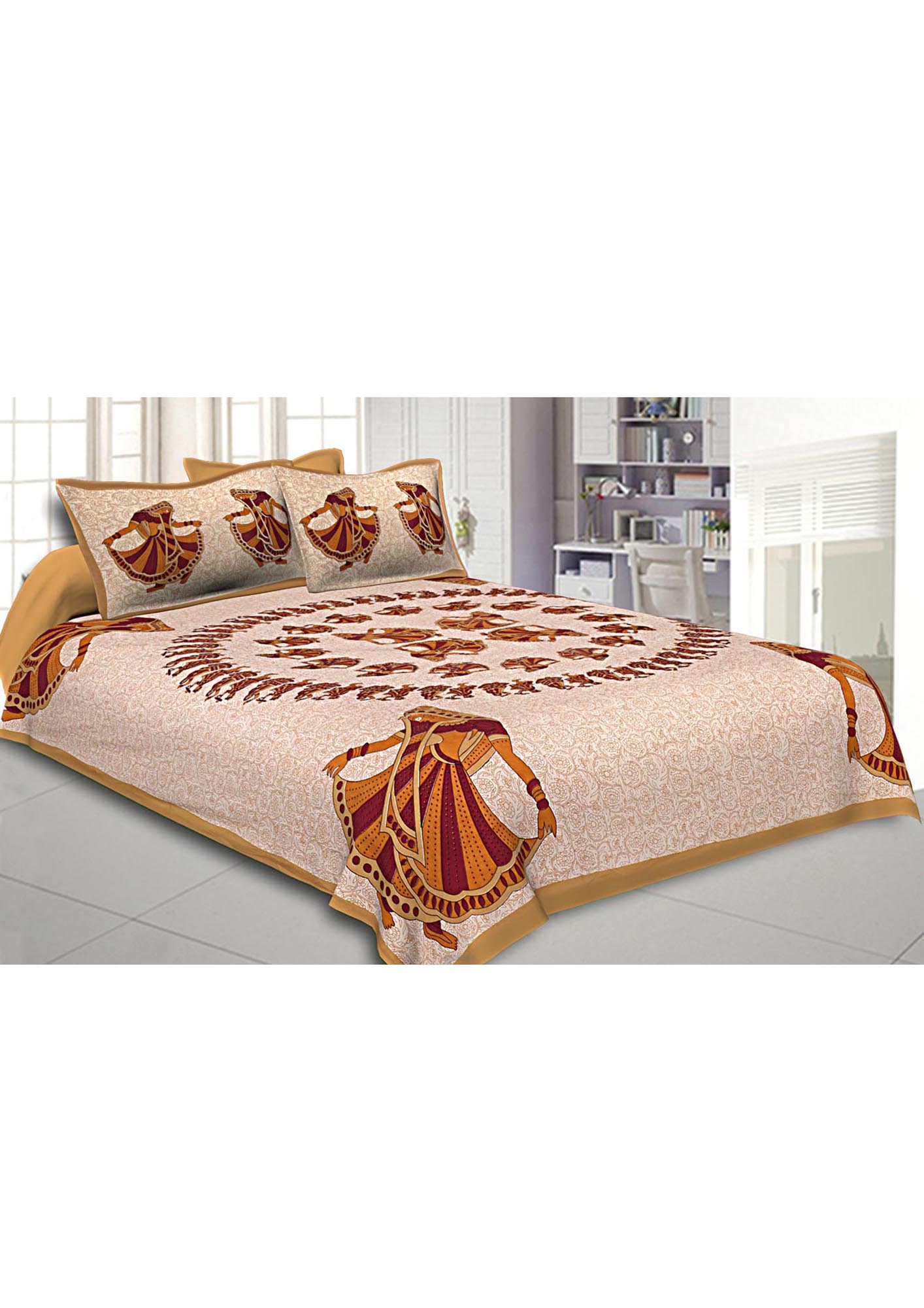 Double Bedsheet Brown Rajasthani Gujri Dance Cotton Premium