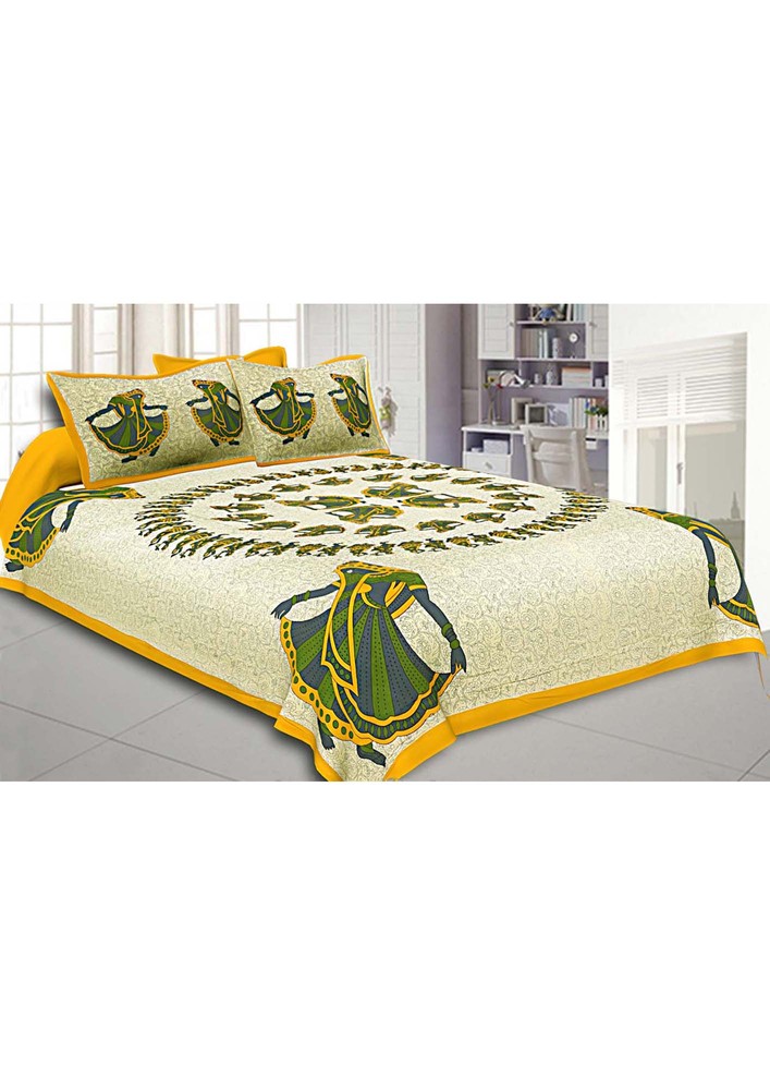 Double Bedsheet Yellow Rajasthani Gujri Dance Cotton Premium