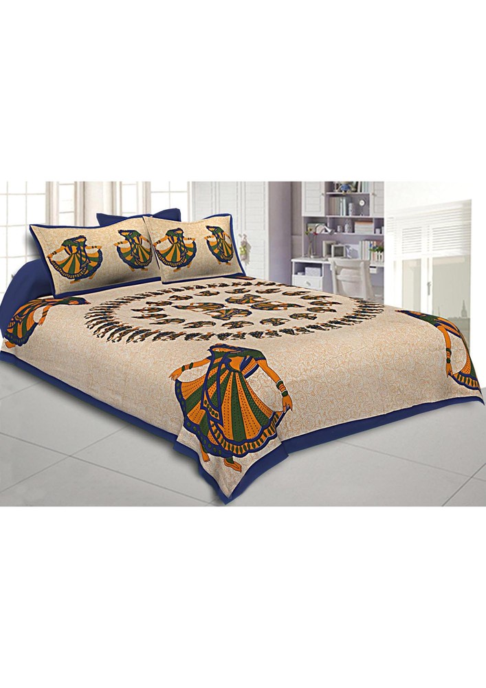 Double Bedsheet Blue Rajasthani Gujri Dance Cotton Premium