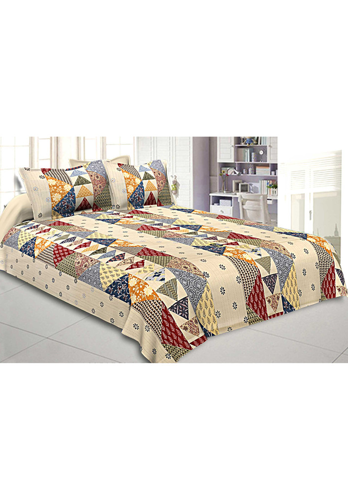 Barmeri Pastel Twill Cotton Premium Double Bedsheet With Colorful Patchwork Design