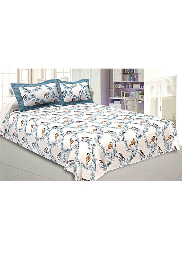 Pure Cotton Premium 240 Tc Double Bedsheet Indian Bird Print Blue