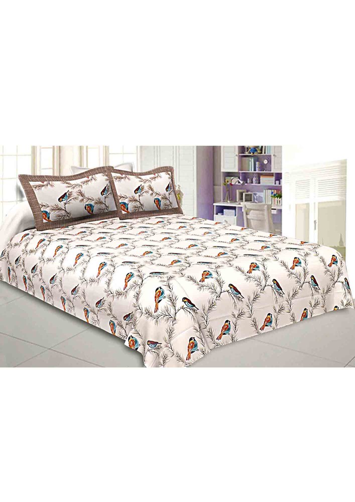 Pure Cotton Premium 240 Tc Double Bedsheet Indian Bird Print Brown