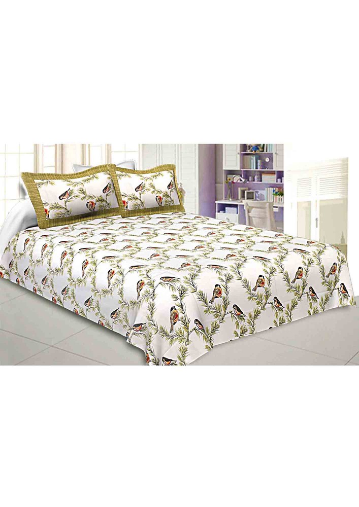 Pure Cotton Premium 240 Tc Double Bedsheet Indian Bird Print Green