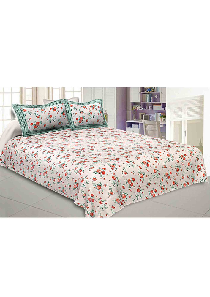 Pure Cotton Premium 240 Tc Double Bedsheet In Green Bouquet Print