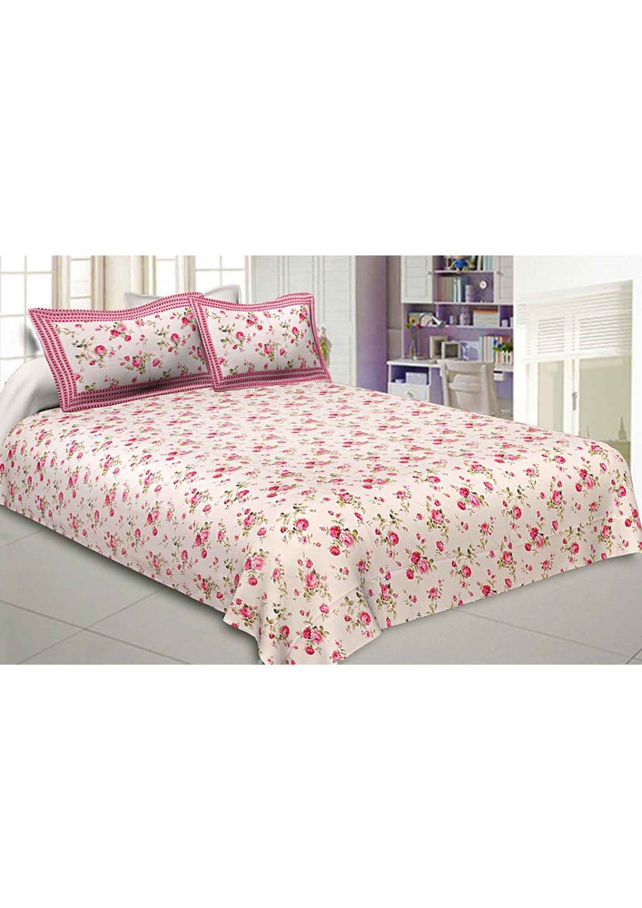 Pure Cotton Premium 240 Tc Double Bedsheet In Pink Bouquet Print