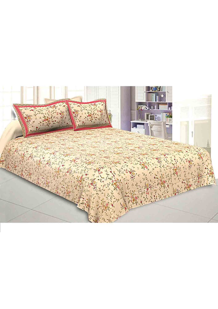Pure Cotton Premium 240 Tc Double Bedsheet Cream Floral Motif Print
