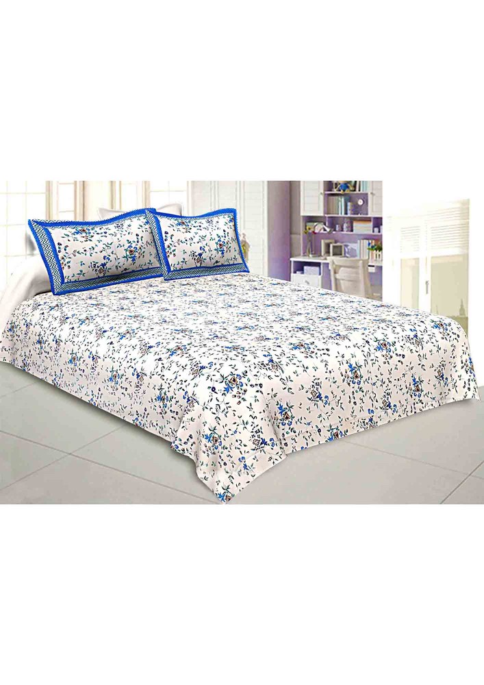 Pure Cotton Premium 240 Tc Double Bedsheet In Blue Seamless Floral Print
