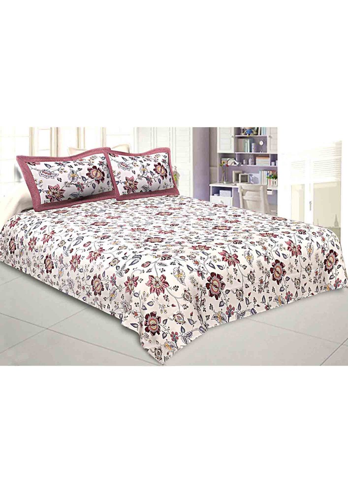 Pure Cotton Premium 240 Tc Double Bedsheet In Reddish Floral Pattern