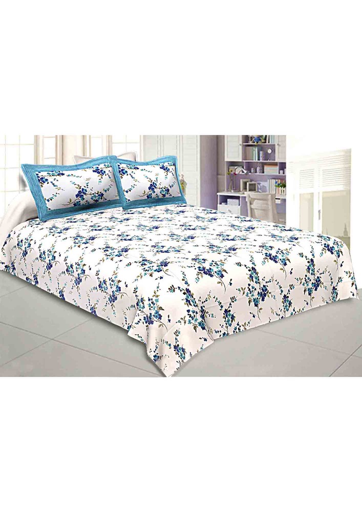 Pure Cotton Premium 240 Tc Double Bedsheet In Blue Motif Floral Print