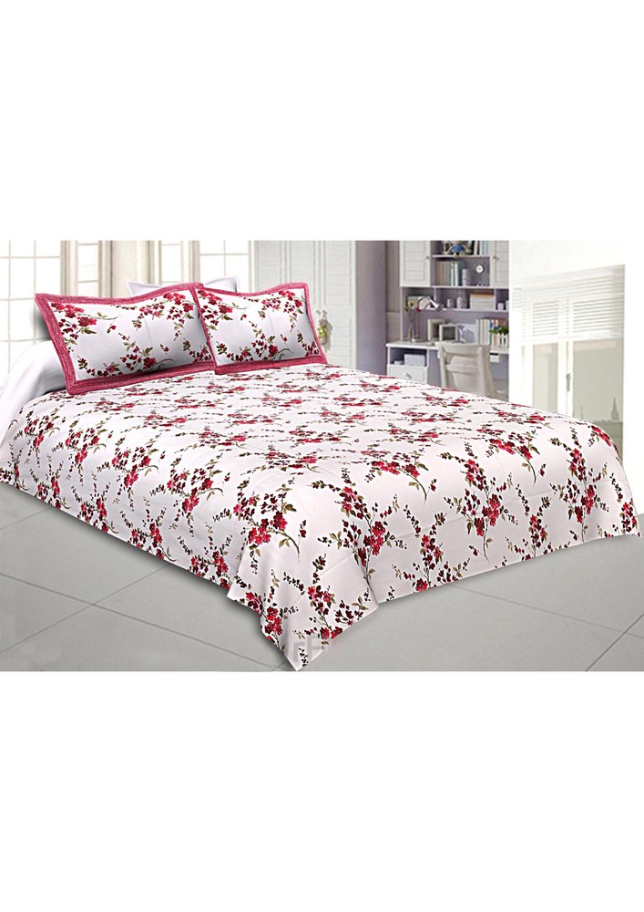 Pure Cotton Premium 240 Tc Double Bedsheet In Red Motif Floral Print