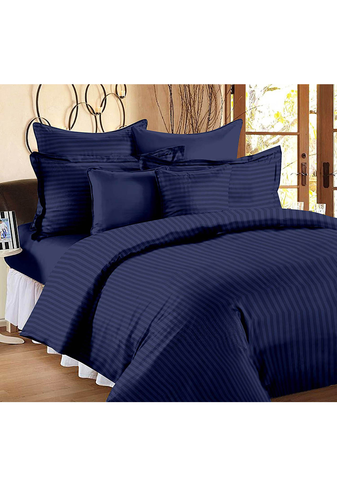 Navy Blue Self Design 300 TC King Size Pure Cotton Premium Satin Slumber Sheet for Double Bed with 2