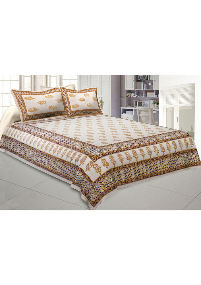 Peaceful Cream Double Bedsheet With Gold Work
