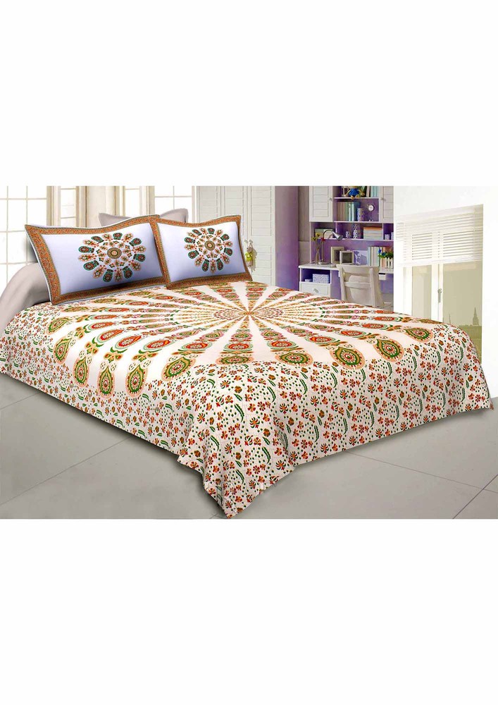 Mandala Orange Green Khari Gold Print Double Bedsheet With 2 Pillow Covers