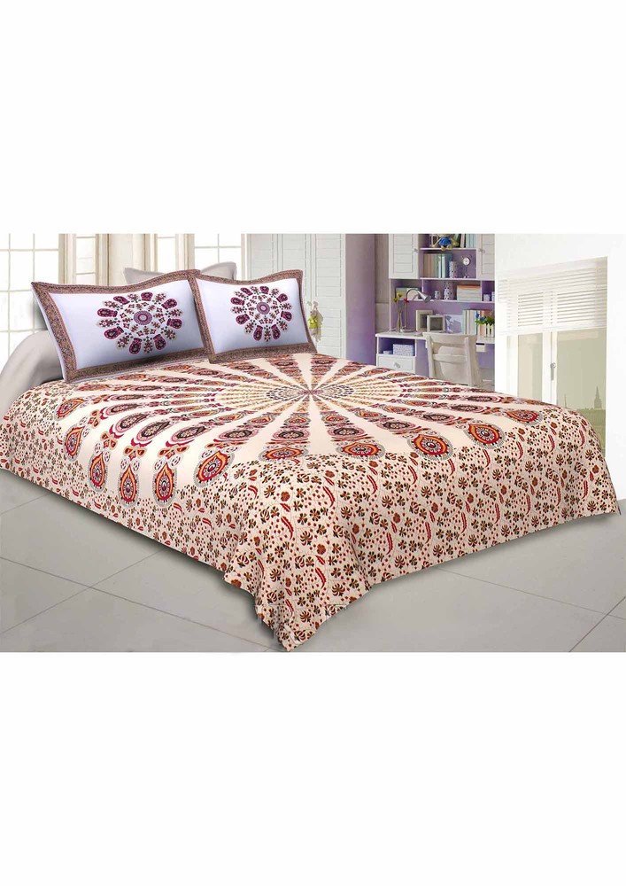 Mandala Maroon Grey Khari Gold Print Double Bedsheet With 2 Pillow Covers