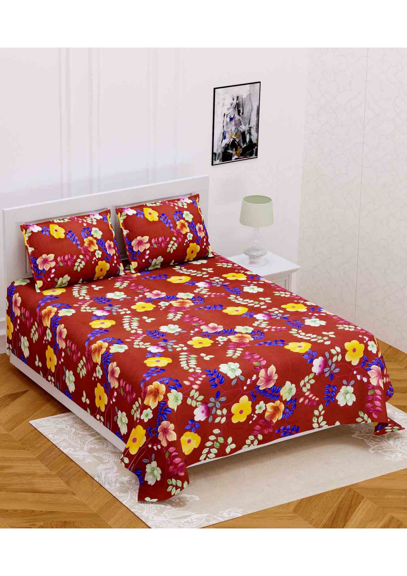 Redish Multi Floral Super Soft Double Bedsheet