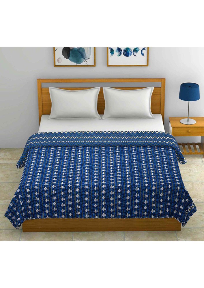 Mulmul Pure Cotton Small Leaf Navy Blue Border Jaipuri Double Bed Dohar